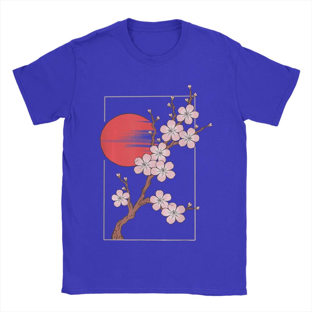 Neuheit Japanische Kirschblüten Grafik mit Sonne T-Shirt Unisex Rundhals Reines Baumwoll-T-Shirts Kurzarm T-Shirt Oberteile