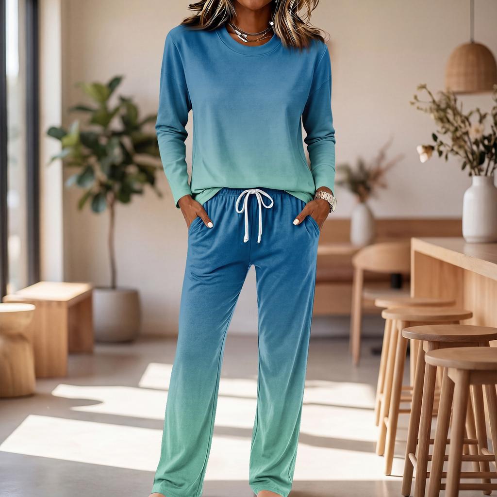 Set Pigiama da Donna a Manica Lunga con Scollo Rotondo, Coulisse e Gamba Larga per Casa e Sonno Casual
