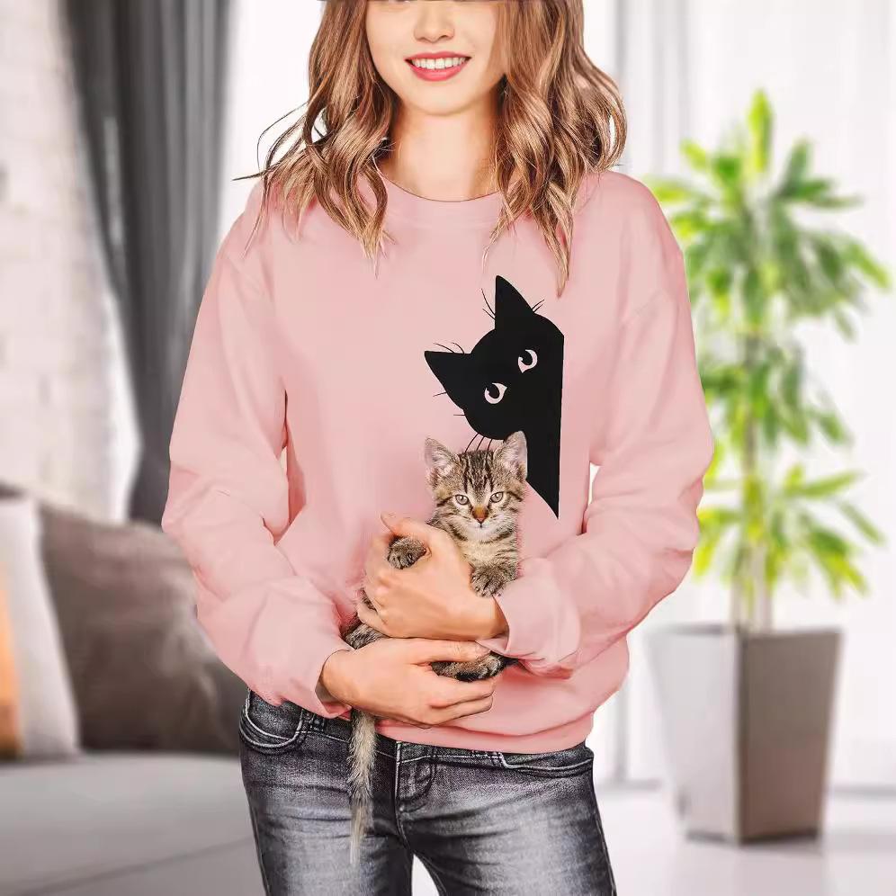 2025 New Round Neck Long Sleeve Ladies' Tops Solid Color Kitten Print Casual Joker Pullover