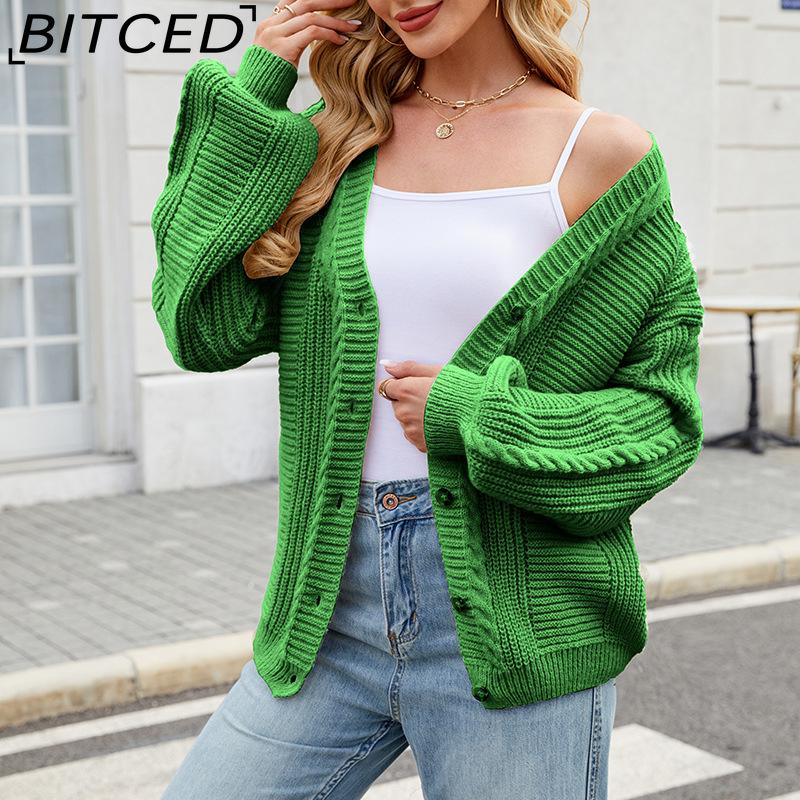 BITCED Relaxed-Fit Oversized Cardigan Autumn/Winter Long-Sleeved V-Neck Cable-Knit Sweater