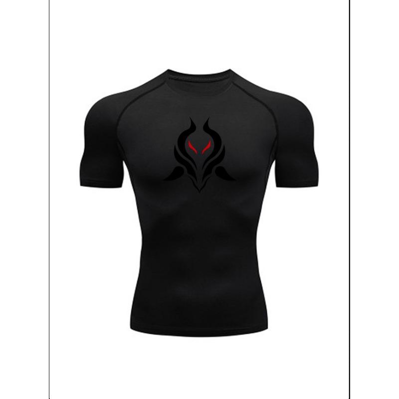 Men'S Demon Print Compression T-Shirt, Quick Dry Short Sleeve Gym Workout Tee, Gothic Tribal Pattern Athletic Fitness Training Top
