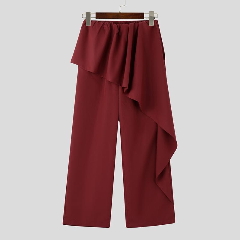 

INCERUN Men Elastic Waist Layers Solid Color Casual Long Straight Pants 5XL вино красного