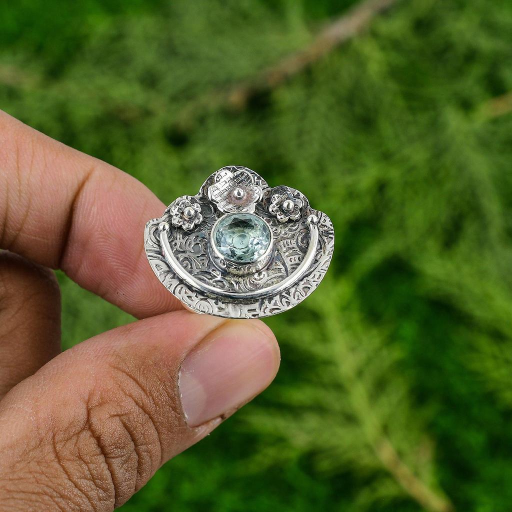 Natural Swiss Blue Topaz Stackable Flower Adjustable Ring 925 Silver For Girls