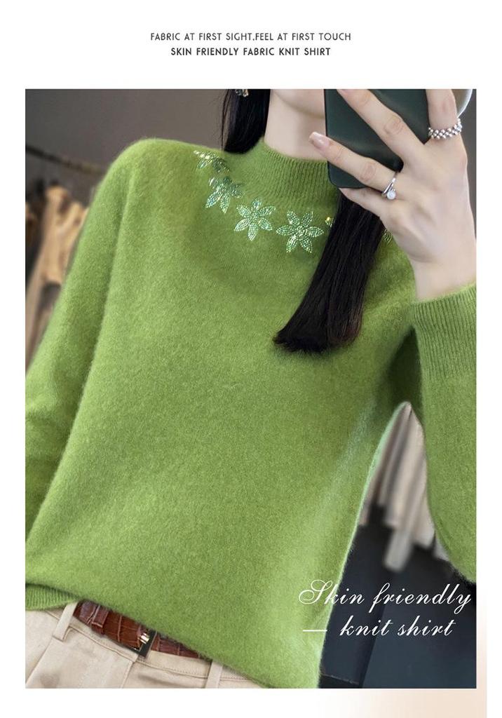 Autumn/Winter Rhinestone Embellished Knit Pullover - Women's Semi-High Neck Long Sleeve Top