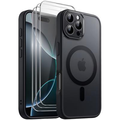 Case Set for iPhone 16 Pro, for MagSafe, ERBORD Matt Case, Black + 3x Glass Screen Protectors
