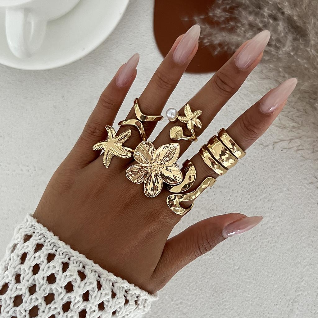 Ingemark 6 Stück/Set Retro Seestern Blume Knöchelringe Set für Damen Böhmen Imitation Perlen Offener Gelenkring Schmuck 2026 Neu