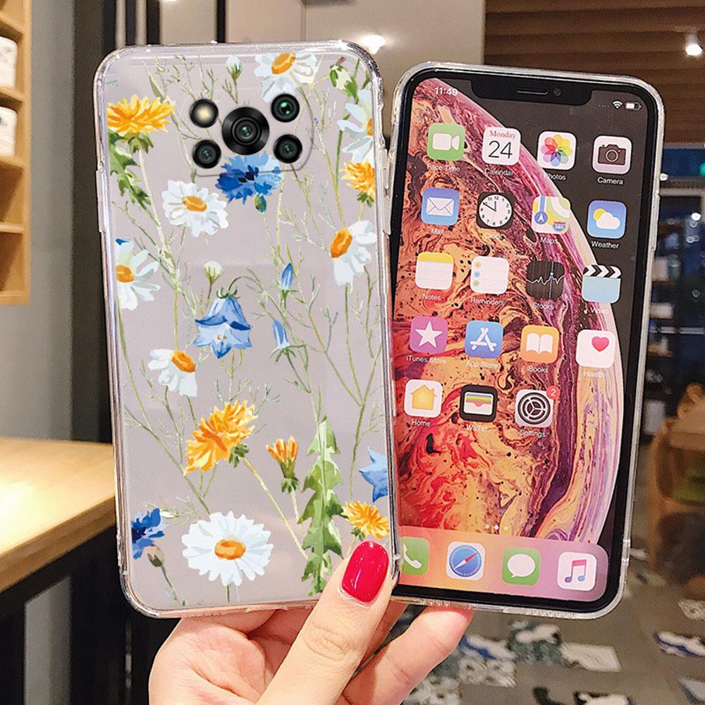 Daisy Flower Love Heart Phone Case For Xiaomi Poco X3 X4 M4 X5 X6 Pro Artistic Marble Couple Clear Transparent Shockproof Cover
