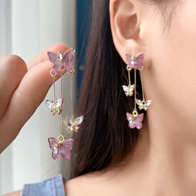 Purple Crystal Butterfly Stud Earrings - Elegant Women's Versatile Design