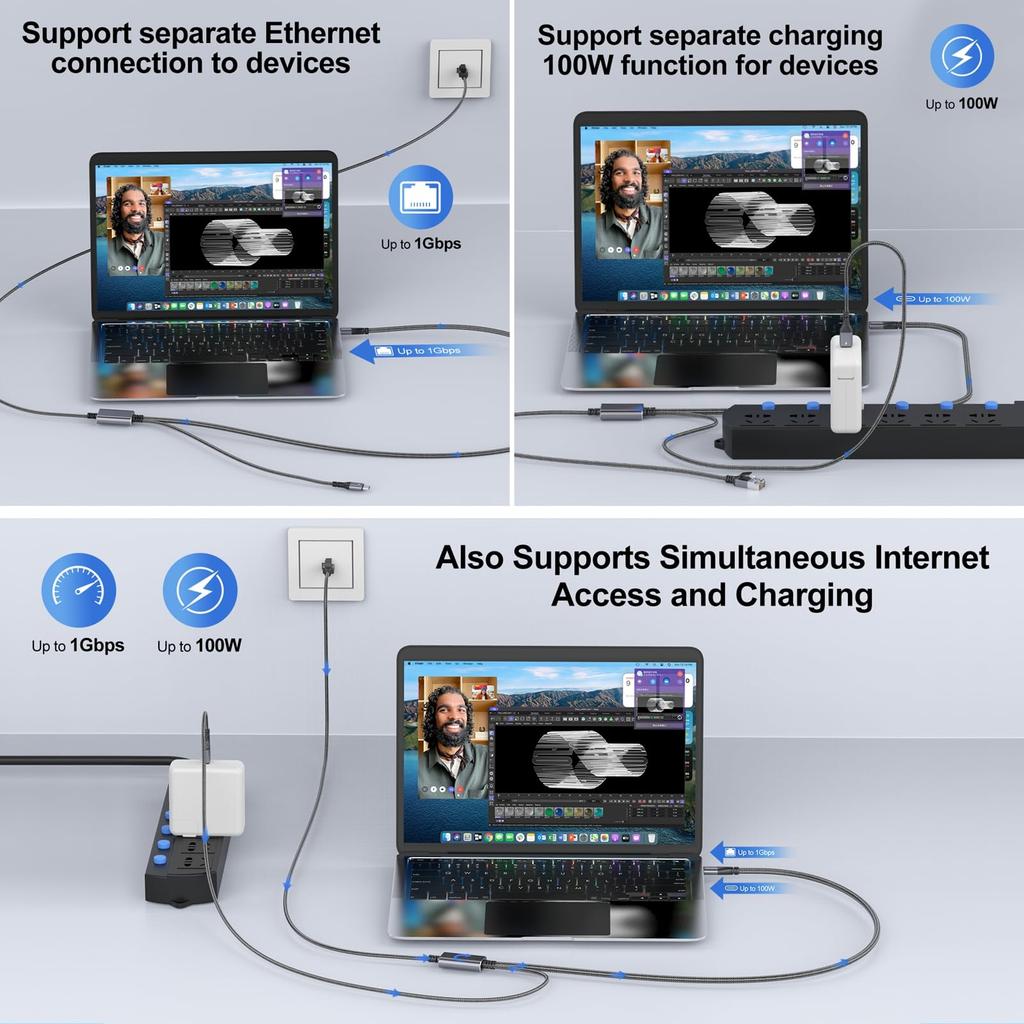 Dutevolns 3m USB C to Ethernet Cable with Male 100W PD Fast Charging and Gigabit LAN Type C to RJ45 Nylon Cable with Power Transmission Port Adjacent
