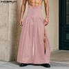 INCERUN Men High Slim Waist Zipper Casual Long Splits Wide Legs Pants Trousers
