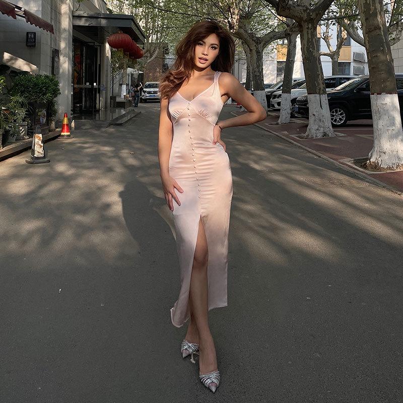 

Кремово-розовое платье с большим V-образным вырезом, разрезом на бедрах, длинное платье с подвязками L