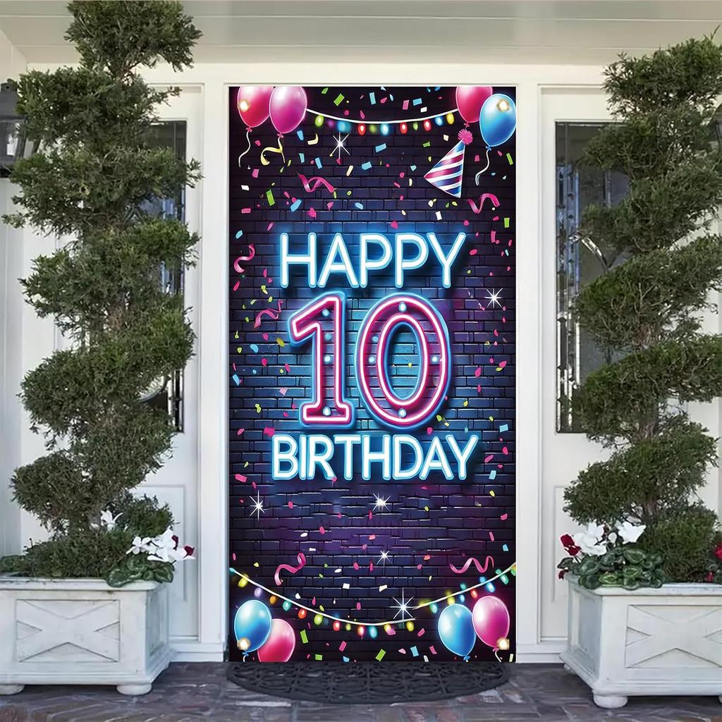 10th Birthday Door Cover Neon Party Decoration Colorful Balloon Gift Banner for Kids Teen Celebration Entrance Boys Girls Photo Booth Backdrop