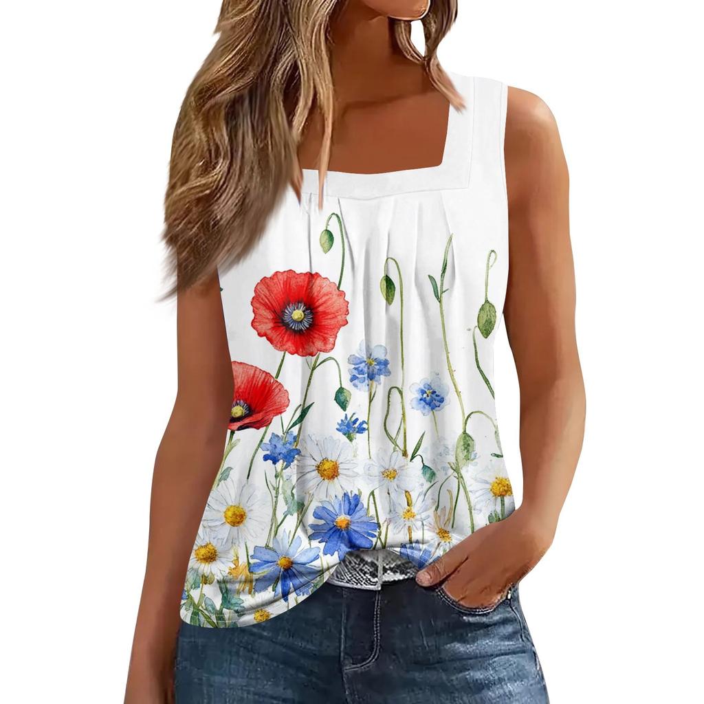 Women's Fashion Casual Pleated Square Collar Sleeveless Vest Print Summer T-shirt