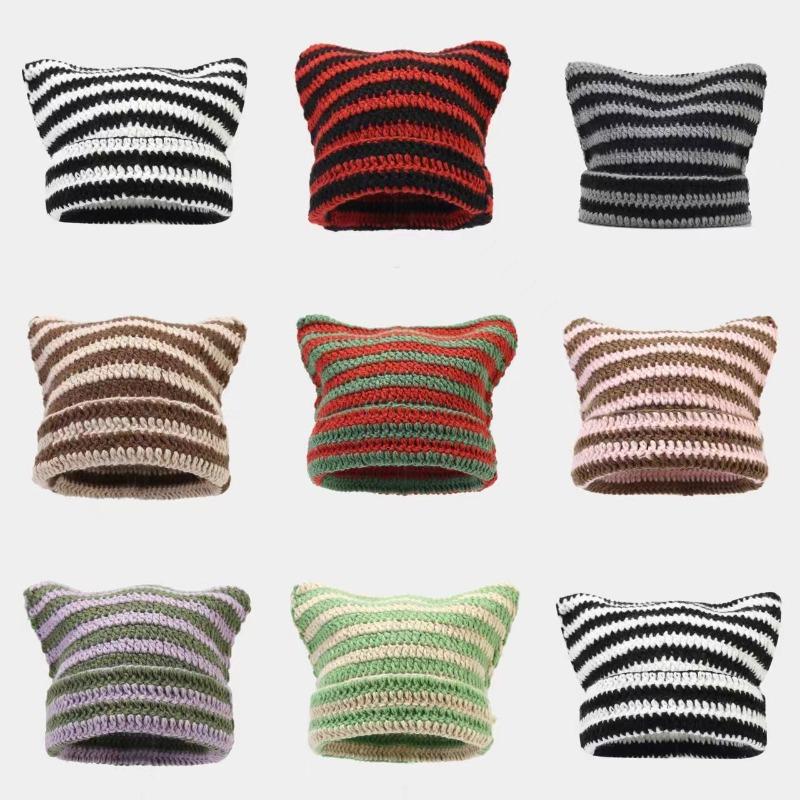 Autumn Winter Woolen Hat Japanese Devil Handmade Stripe Hat Female Cat Ear Warm Knit Pullover Hat Winter