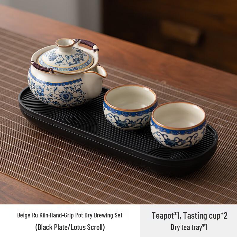 Compact Handmade Enamel Ceramic Tea Set with Filigree Silver Accents