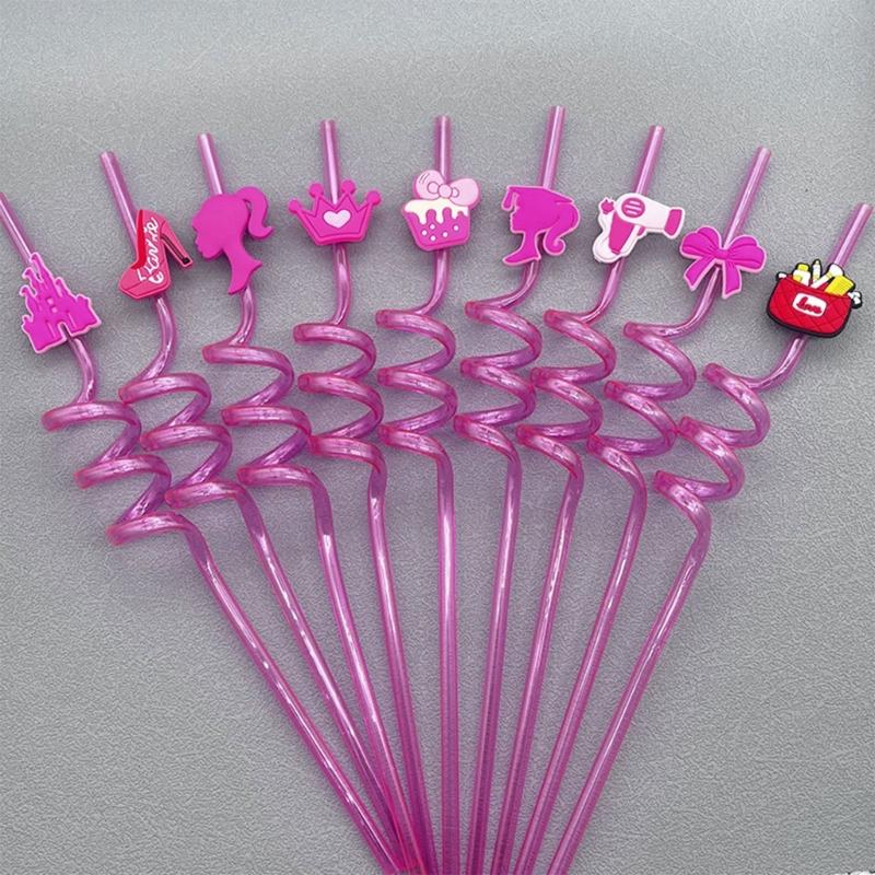 Pink Series Kids Straw Reusable Plastic Drinking Straw Girls Birthday Baby Shower Holiday Carnival Party Decorations