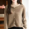 Women's Pure Wool French Color Block Cardigan with Lace Collar - Autumn/Winter Knit Sweater.