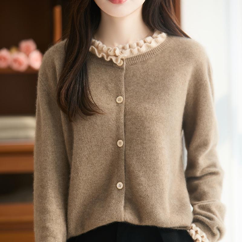 Women's Pure Wool French Color Block Cardigan with Lace Collar - Autumn/Winter Knit Sweater.