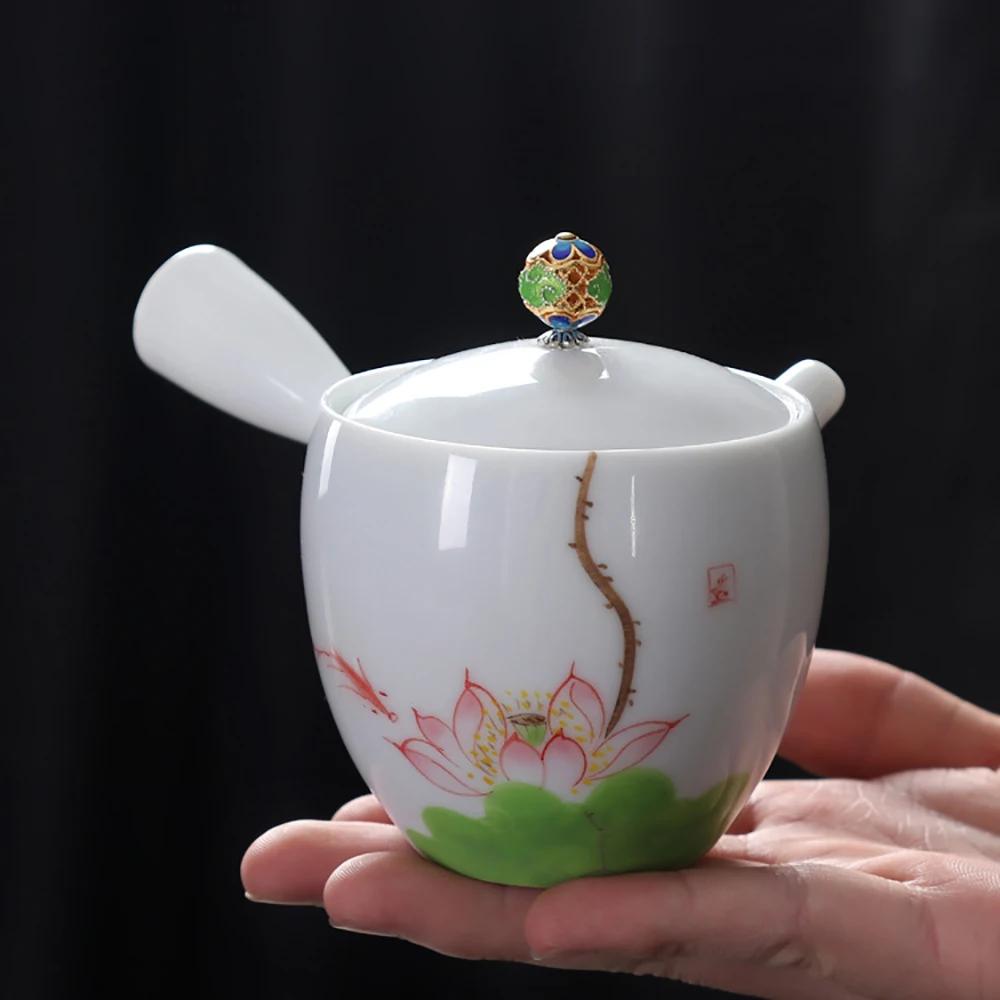 Hand painted teapot single pot hand with handle anti scalding side handle teapots fat white Kung Fu tea set small tea pot