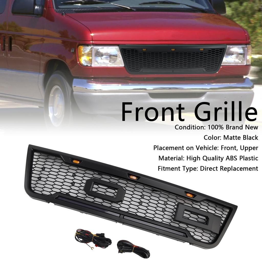 Black Front Bumper Grill Grille Fit Ford E150 E250 E350 2003-2007 With Led