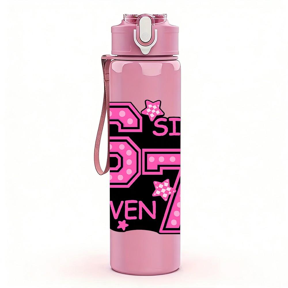 1PC Bold Pink Sixty Seven Number Print 750ml Color Plastic Sports Water Bottle Leakproof Flip Straw Lid Suitable for Sports Office Home Use