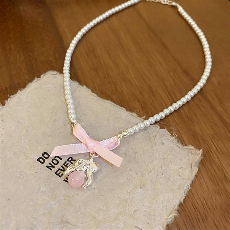 Bohemian Bowknot Pendant Necklace Elegant Choker Pearls Beaded Charm Necklace Neck Chain Fashion Summer Jewelry Gift