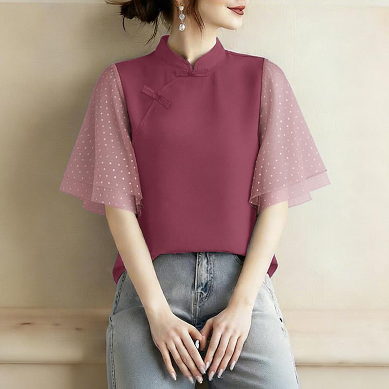 ZANZEA Women Casual Stand Collar Mesh Splice Half Sleeve Blouse