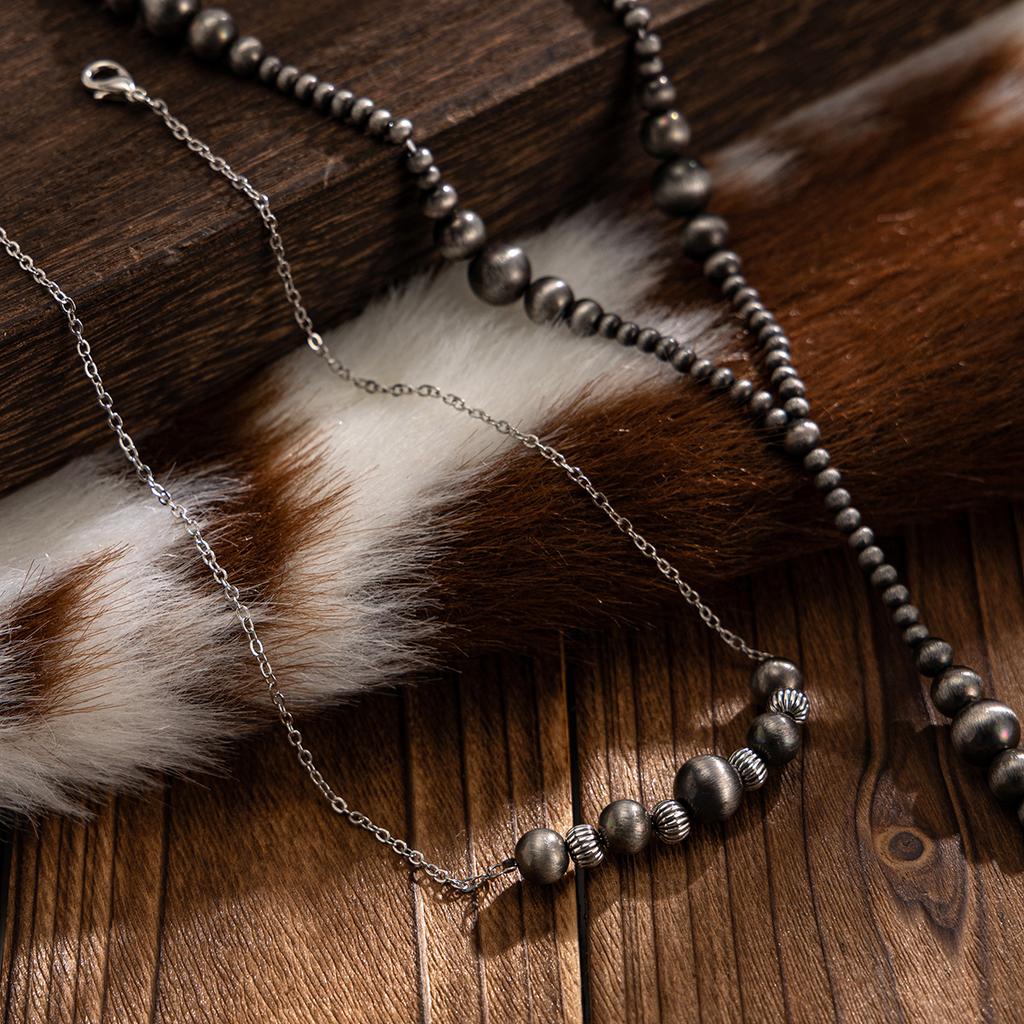 2pcs Jewelry, Fashionable Ancient Tin Brushed Beaded Y-shaped Necklace, Simple Geometric Multi-layer Fringed Collarbone Chain