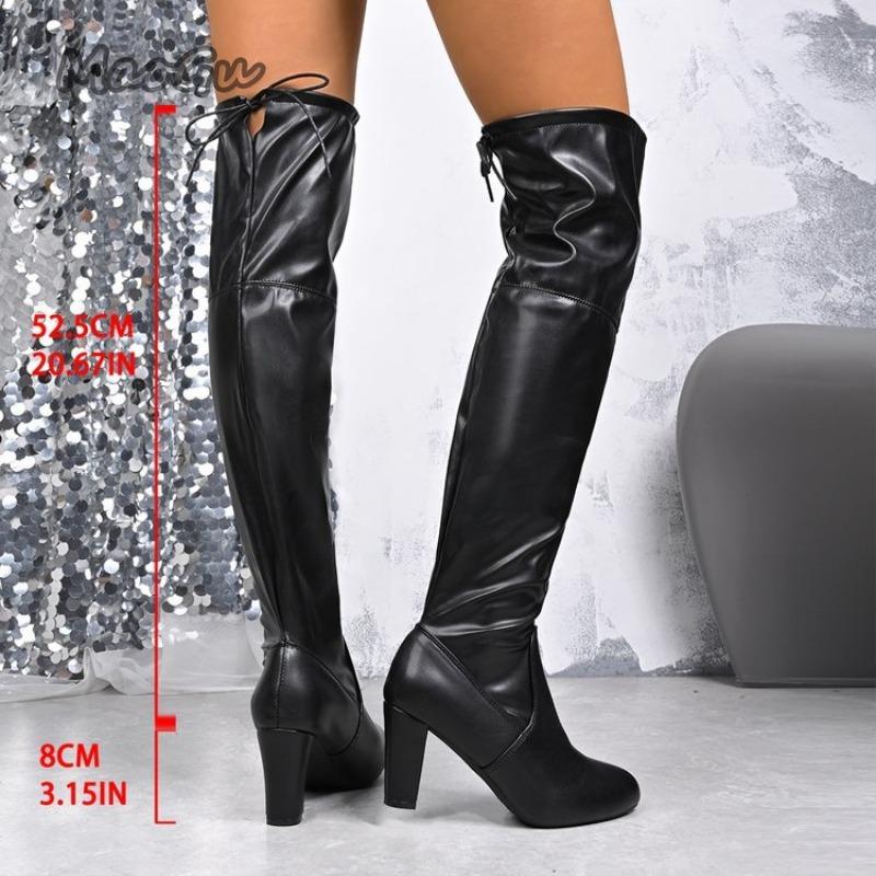 Women's Leather Boots Autumn Winter New Size 43 Comfortable Pointed Toe Back Strap High Thick Over The Knee Boots for Women