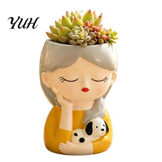 Decorative Resin Desktop Accessory Cute Head Planter, Succulent Little Girl Flower Pot, Human Flowerpot for Plants Face Cactus Container, Bonsai