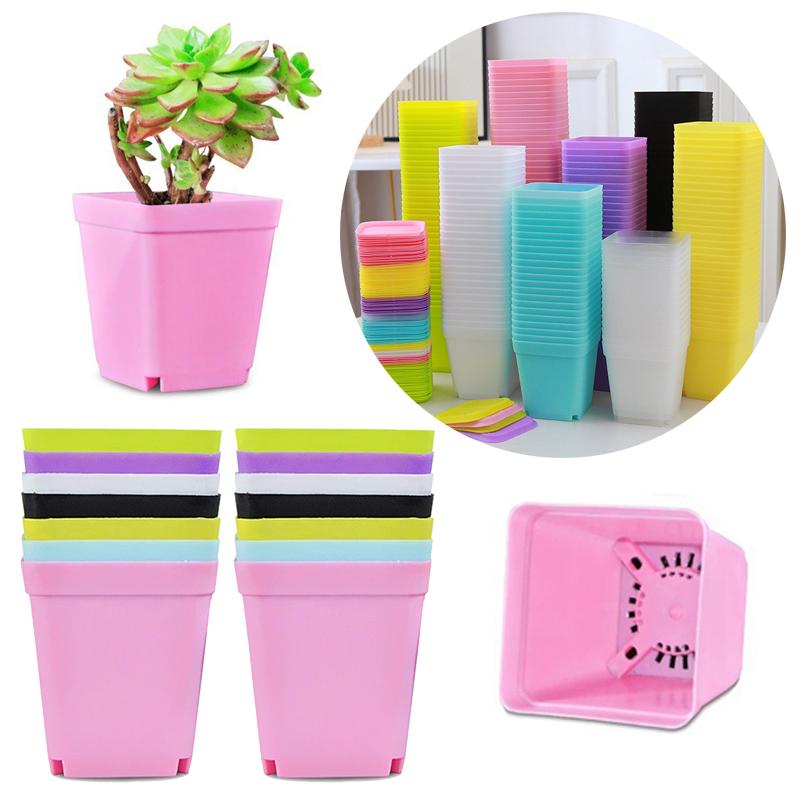 12 Stück/Set Bunter Plastik 7cm Quadratischer Blumentopf mit Untersetzer Büro Schreibtisch Pflanzenzuchtbehälter Sukkulententopf Garten Baumschulen ZYF