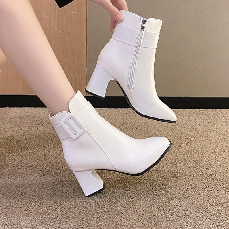 Fashion White Black Thick High Heel Ankle Boots Women Pointed Toe Keep Warm Elegant Short Booties Ladies Ankle Buckle Decoration