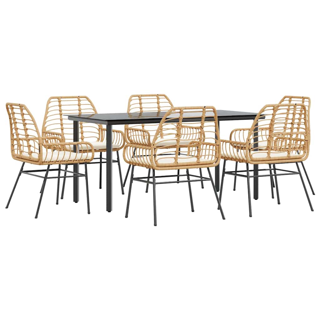 7 Piece Outdoor Dining Set with Cushions Brown Poly Rattan Glass Table