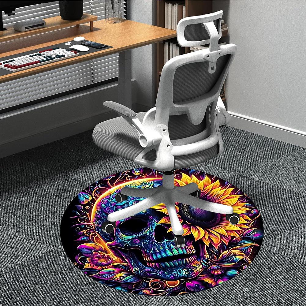 1pc Colorful Skull Art Chair Carpet for Office, Round Non Slip Durable Large Size Office Carpet, Suitable for Office