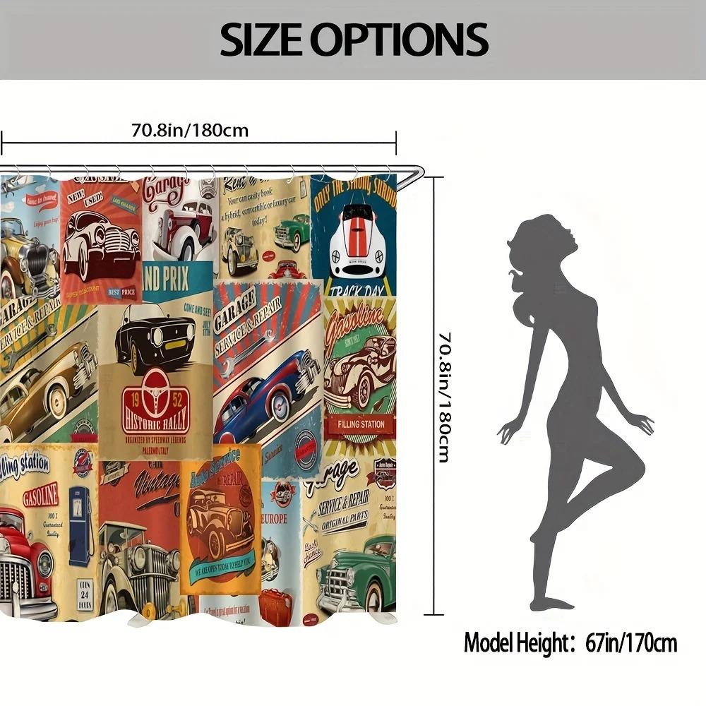 Vintage Cartoon Car Shower Curtain Retro Automobile Theme Bathroom Decor Fabric Panel With Hooks Washable Home Accessory