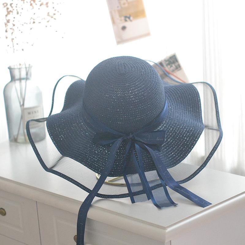 

Свежая пляжная шляпа с большими полями из волнистой соломы, с алфавитной лентой-бантом, романтичная элегантная сетчатая шляпа от солнца тёмно-синий