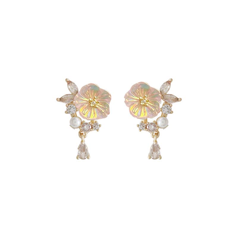 Korean White Flower Stud Earrings For Women Girls Exquisite Crystal Petal Leaf Temperament Earrings Zircon Accessories Gift