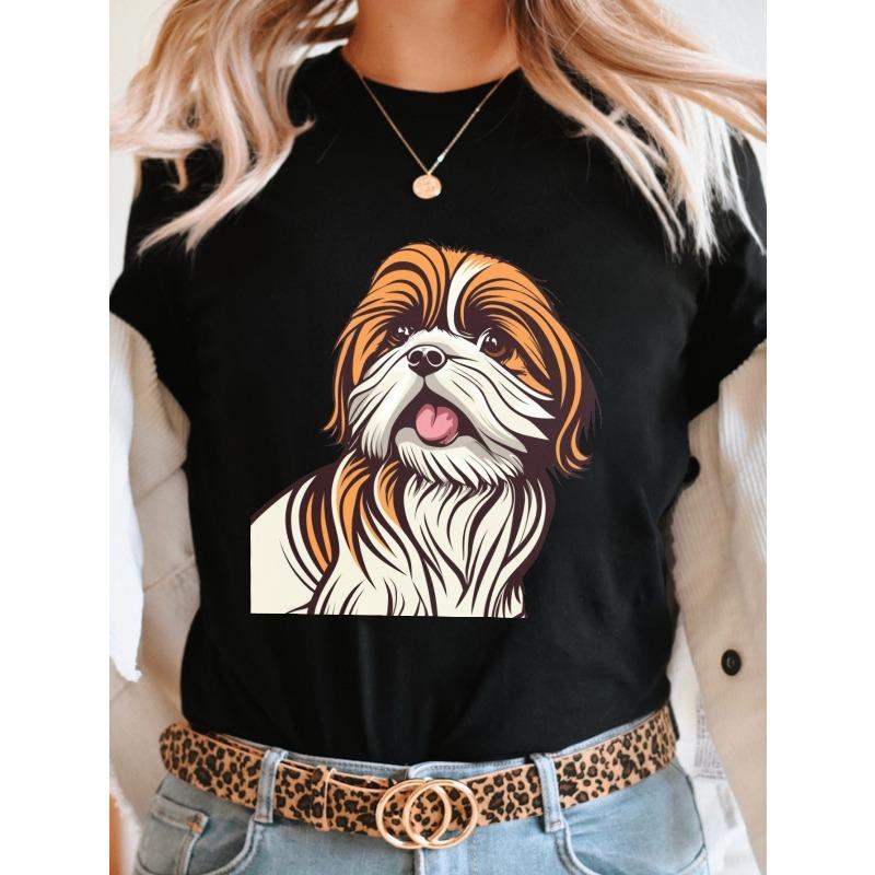 Cute Shih Tzu Puppy Print T-shirt, Short Sleeve Crew Neck Casual Top for Summer & Spring, Women's Clothing