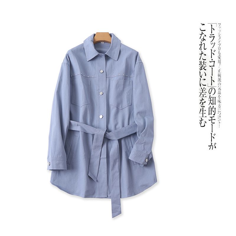 

Осенняя новая джинсовая куртка с карманами, металлическими кнопками, шнуровкой на талии и отделкой кружевом Blue Gray B- 1-32-4 L