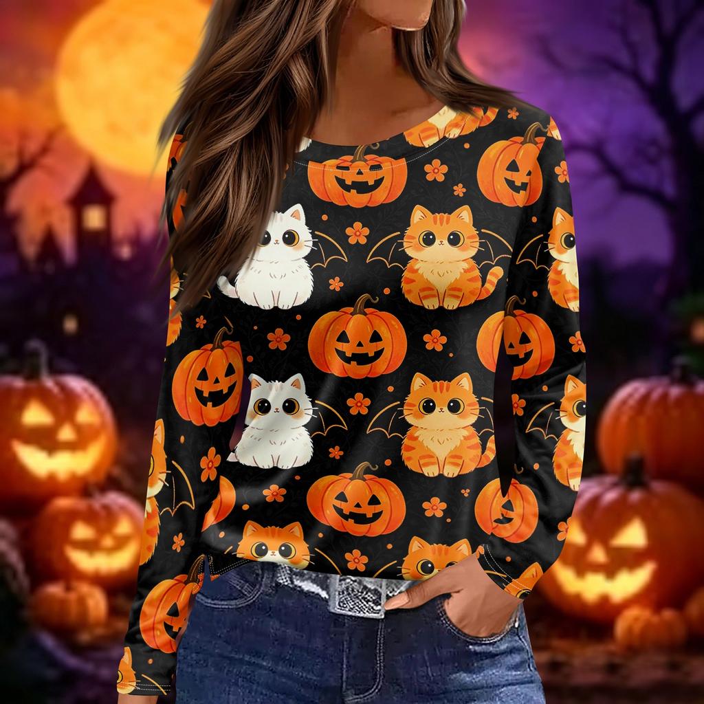 Women Long Sleeve Crew Neck Top Halloween Print Split Hem Casual Loose Fit Pullover Shirt for Fall Seasonal Wear
