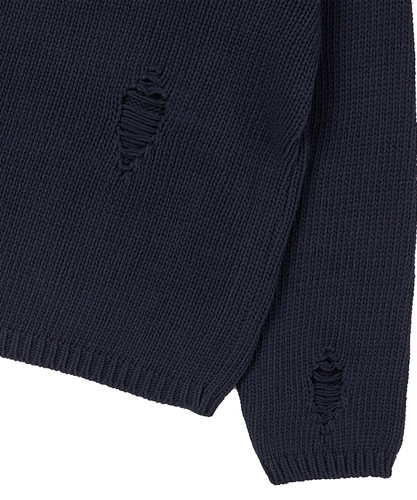 BEYOND CLOSET [Collection Line] Archive Heavyweight Cotton Damaged Detail Henley Neck Knit Navy