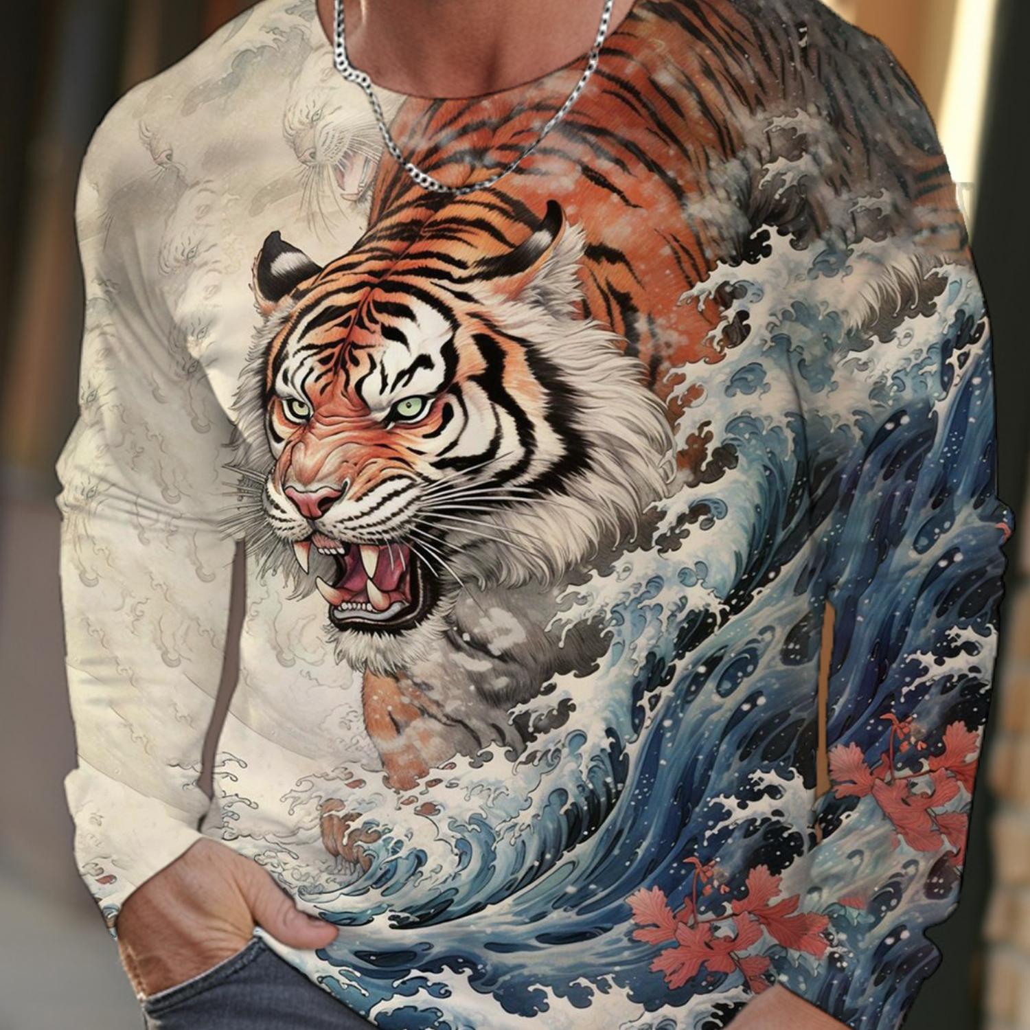 

2024 новая мужская футболка с длинными рукавами Ukiyoe с принтом тигра высокой четкости на 3D-принте, мужские осенние топы, повседневная футболка с круглым вырезом M