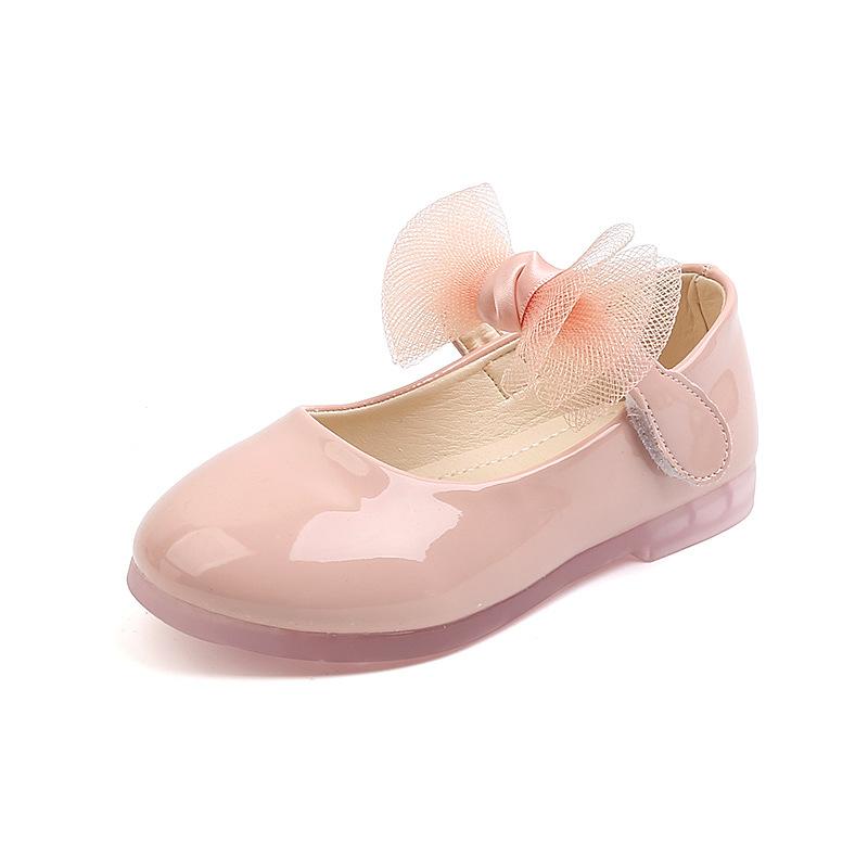 Kids Black Performance Shoes Solid Color Versatile 2024 New Girls Princess Shoes with Mesh Bow Children Leather Shoes Glossy