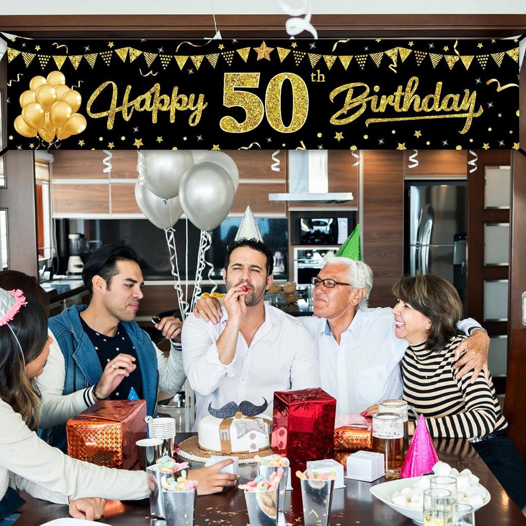 Happy 50th Birthday Banner Decorations, Black Gold 50 Birthday Sign Party Supplies for Men Women, Fifty Birthday Decor Photo Booth Props for Outdoor