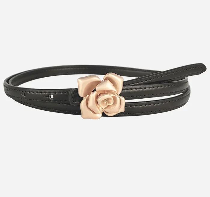 1.0cm New Unique Rose Genuine Leather Gold Belt Women Fashion Cowskin Flower Thin Belts Female Jeans Dress Waistband
