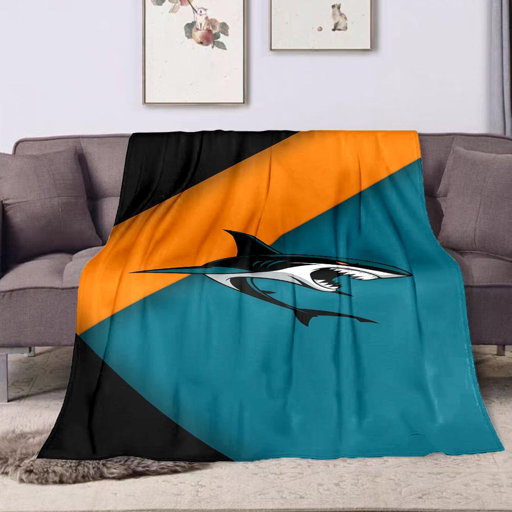 Fierce Shark Graphic On Color Blocks Patterned Flannel Blanket Perfect for the Bedroom Living Room, Sofa, or a Little Nap