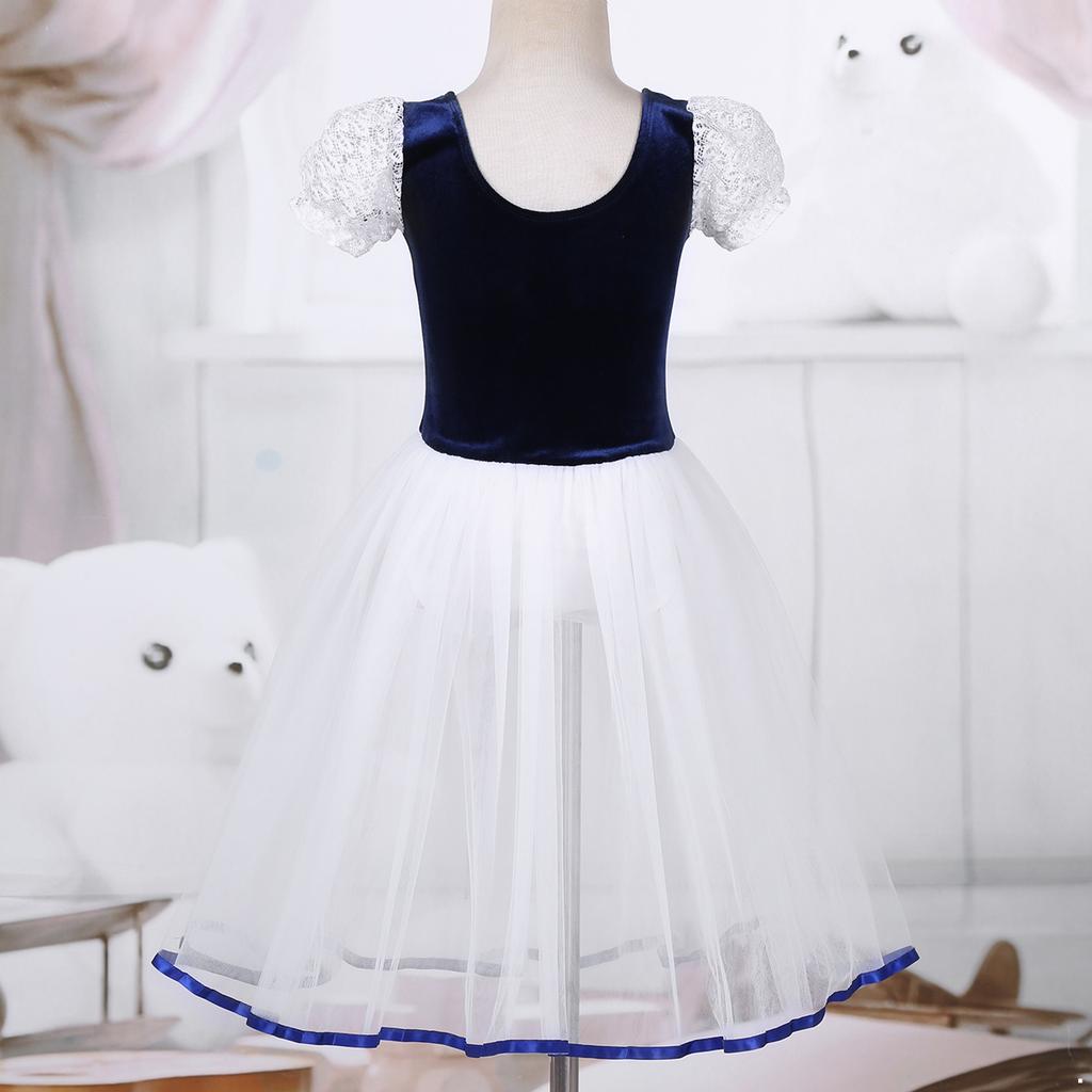 Kids Velvet Mesh Ballet Leotard Lacework Bubble Sleeve Tutu Dance Gymnastics Dress