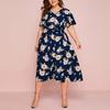 Summer Women's Dress Plus Size Flower Print V-neck Short-sleeved Dress Waist Loose Slit Mid-length Chiffon Skirt
