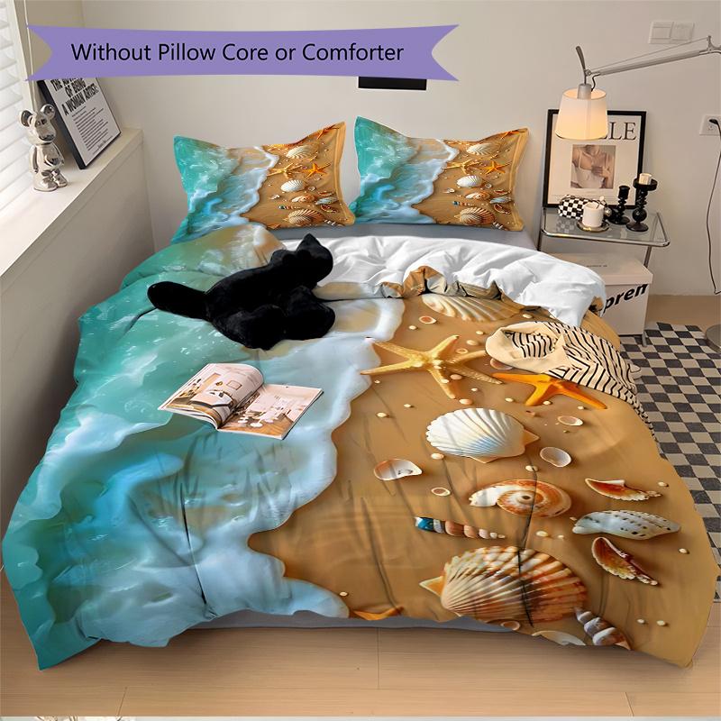 3pcs Beach Themed Seashell Starfish Shellfish Ocean Wave Coastal Decorative Bedding Set, Bedroom or Guest Room, Festive Gift, Anime Cartoon Design