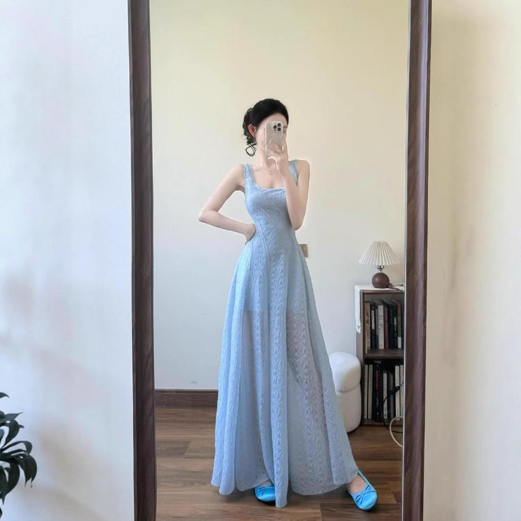 Summer Blue French Suspender Dress Women's New Temperament Waist Thin a Word Seaside Vacation Skirt
